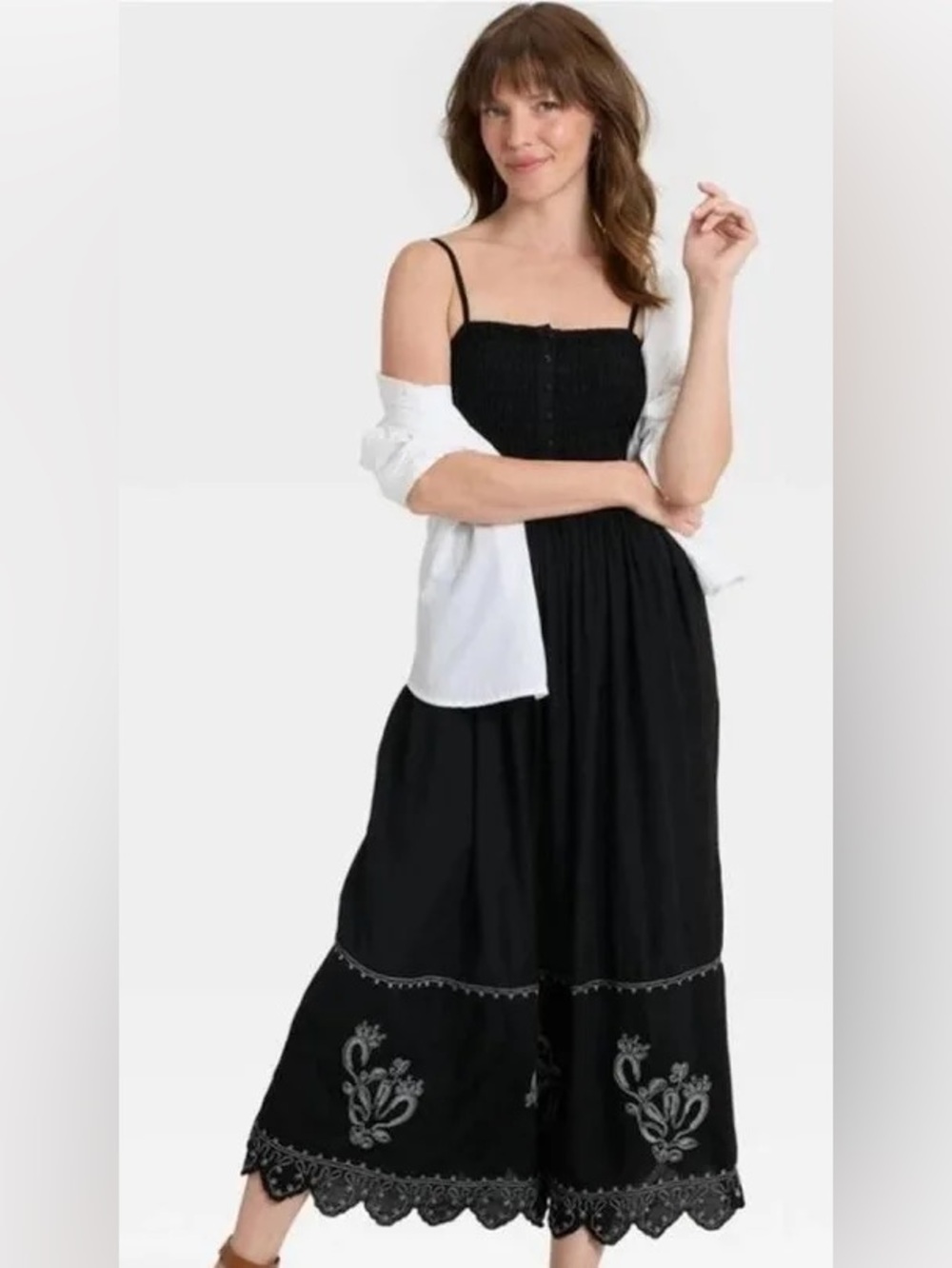 Universal thread Black Ruched Embroidered Maxi Sundress Medium NWT